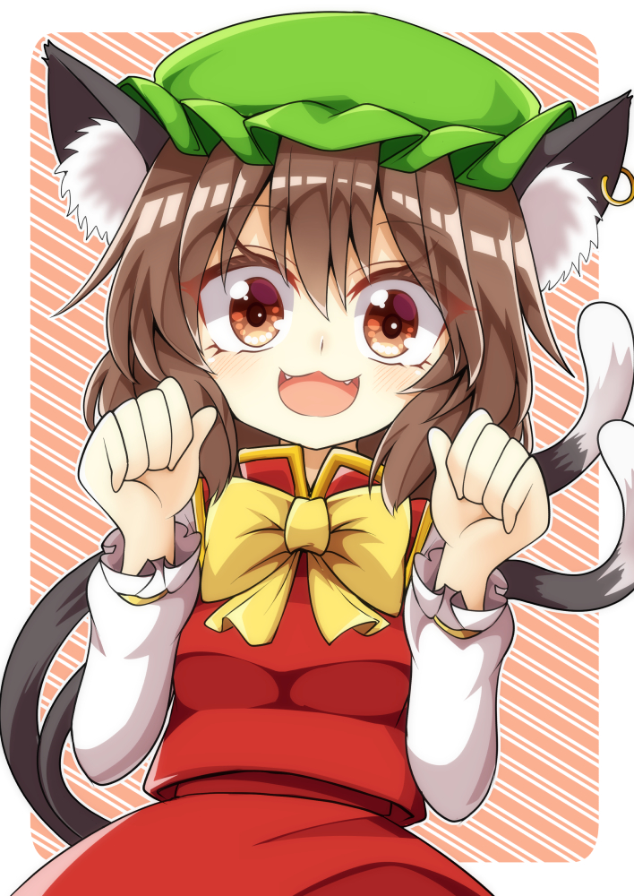 1girl :3 aki_chimaki animal_ear_fluff animal_ears arms_up bow bowtie brown_hair cat_ears cat_tail chen cowboy_shot eyebrows_visible_through_hair fangs green_headwear hair_between_eyes hat jewelry long_sleeves looking_at_viewer mob_cap multiple_tails open_mouth paw_pose red_background red_eyes red_skirt red_vest shirt short_hair single_earring skirt skirt_set solo standing striped striped_background tail touhou vest white_shirt yellow_neckwear
