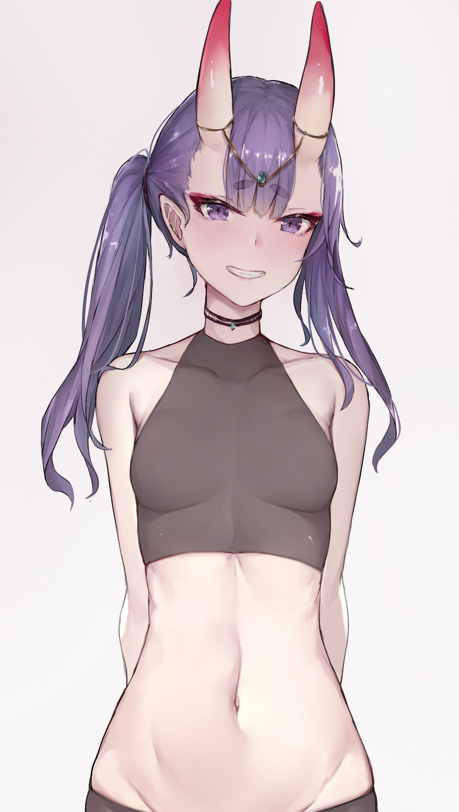 1girl alternate_hairstyle arms_behind_back bangs bare_arms bare_shoulders black_shirt breasts choker commentary_request crop_top eyebrows_visible_through_hair eyeshadow fate/grand_order fate_(series) grey_background grin groin headpiece highres horns long_hair looking_at_viewer makeup midriff navel oni oni_horns purple_hair sherryqq shirt shuten_douji_(fate/grand_order) simple_background sleeveless sleeveless_shirt small_breasts smile solo stomach thick_eyebrows twintails upper_body violet_eyes