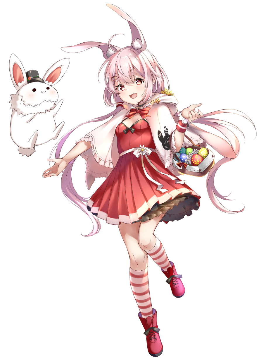 1girl :d animal animal_ear_fluff animal_ears bangs basket black_headwear blush boots bow breasts capelet clothed_animal dress easter easter_egg egg eyebrows_behind_hair fang frilled_capelet frills hair_between_eyes hat highres hood hood_down hooded_capelet kneehighs long_hair looking_at_viewer low_twintails mashiro_aa mini_hat mini_top_hat open_mouth pink_hair pleated_dress rabbit rabbit_ears red_bow red_dress red_eyes red_footwear simple_background single_wrist_cuff small_breasts smile solo standing standing_on_one_leg striped striped_legwear thick_eyebrows tomari_mari tomari_mari_channel top_hat twintails very_long_hair virtual_youtuber white_background white_capelet wrist_cuffs