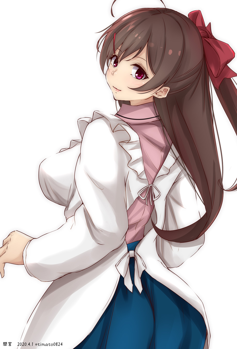 1girl ahoge breasts brown_hair character_name dated hair_ornament hair_ribbon hairclip highres kantai_collection kappougi large_breasts long_hair looking_at_viewer looking_back mamiya_(kantai_collection) pink_shirt ponytail red_ribbon ribbon shirt simple_background solo timato twitter_username violet_eyes white_background