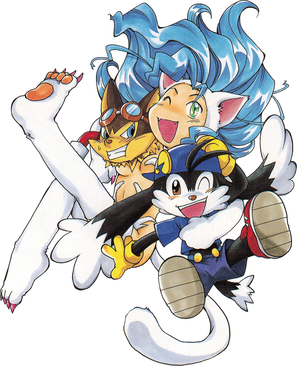 1girl 2boys animal_ears bare_shoulders big_hair black_fur blue_eyes blue_hair blue_headwear blush breasts cabbit capcom cat_ears cat_tail fang felicia goggles guntz hand_on_headwear highres jacket kaze_no_klonoa klonoa multiple_boys one_eye_closed open_mouth pointy_ears red_footwear red_jacket smile tail thighs vampire_(game) white_fur