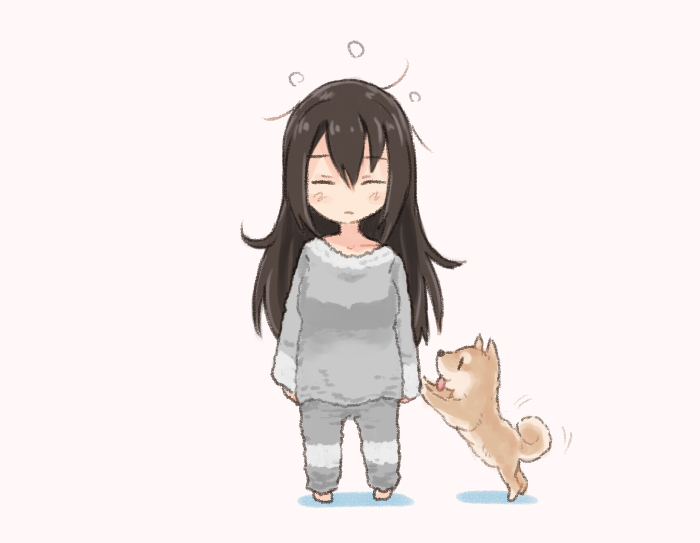 1girl black_hair breasts commentary_request dog full_body kantai_collection large_breasts long_hair nagato_(kantai_collection) otoufu pajamas sleepy solo