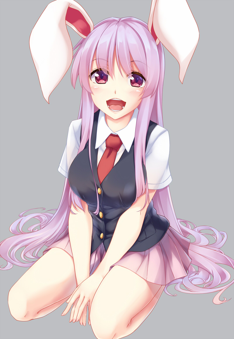 1girl :d animal_ears bangs black_vest blush breasts commentary_request eyebrows_visible_through_hair grey_background kue large_breasts long_hair looking_at_viewer miniskirt necktie open_mouth pink_skirt pleated_skirt purple_hair rabbit_ears red_eyes red_neckwear reisen_udongein_inaba seiza shirt short_sleeves sidelocks simple_background sitting skirt smile solo thighs touhou very_long_hair vest white_shirt