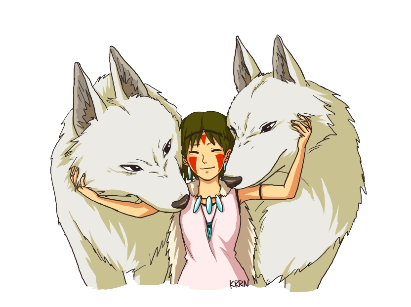 1girl animal bare_arms breasts brown_hair closed_mouth earrings facepaint facial_mark fur headband jewelry krrn mononoke_hime moro_(mononoke_hime) necklace san short_hair simple_background smile tooth_necklace white_background wolf
