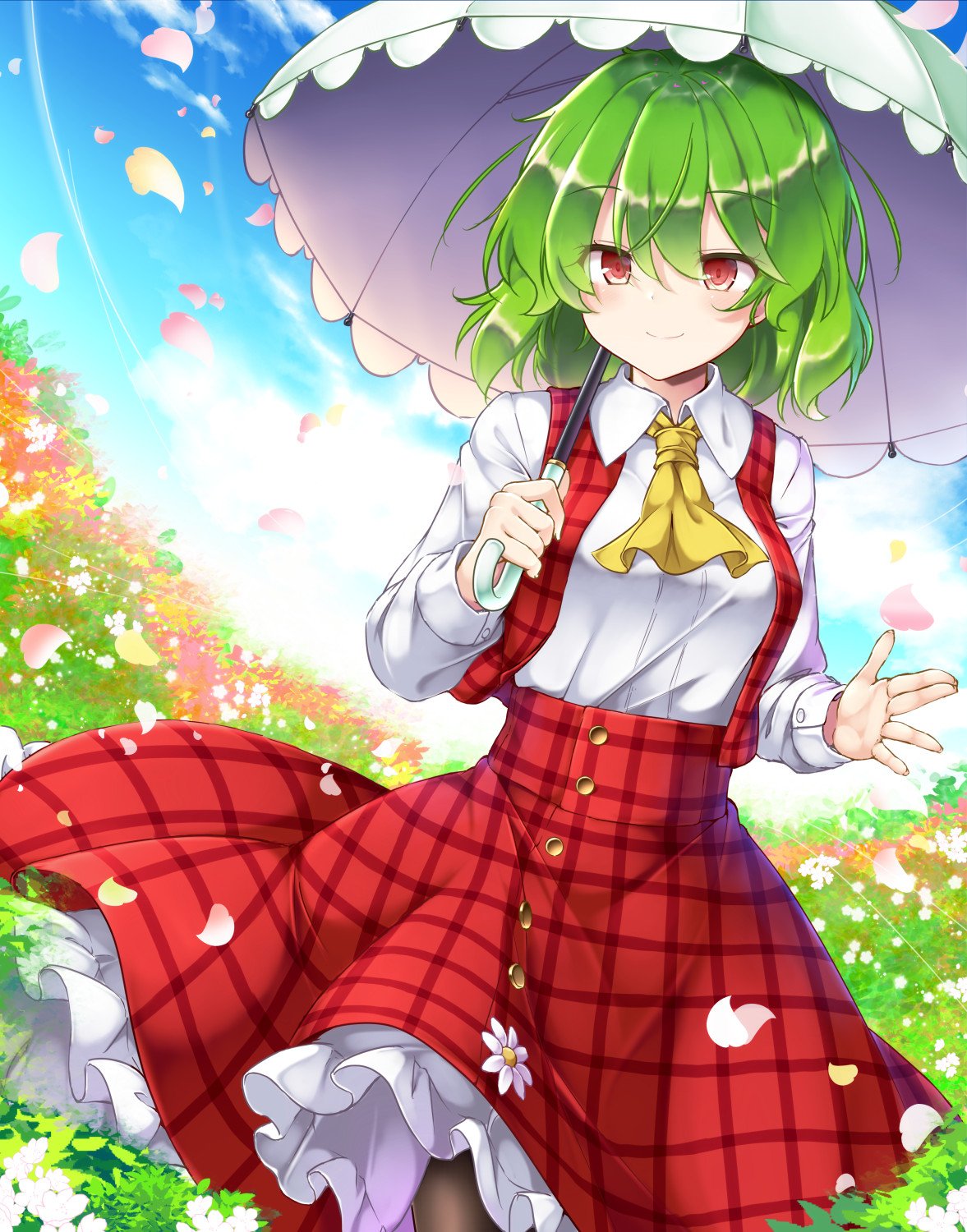 1girl aka_tawashi blue_sky clouds field flower flower_field green_hair highres kazami_yuuka long_sleeves looking_at_viewer outdoors pantyhose parasol petals plaid plaid_vest red_eyes red_skirt shirt short_hair skirt sky smile solo standing touhou umbrella vest white_shirt yellow_neckwear