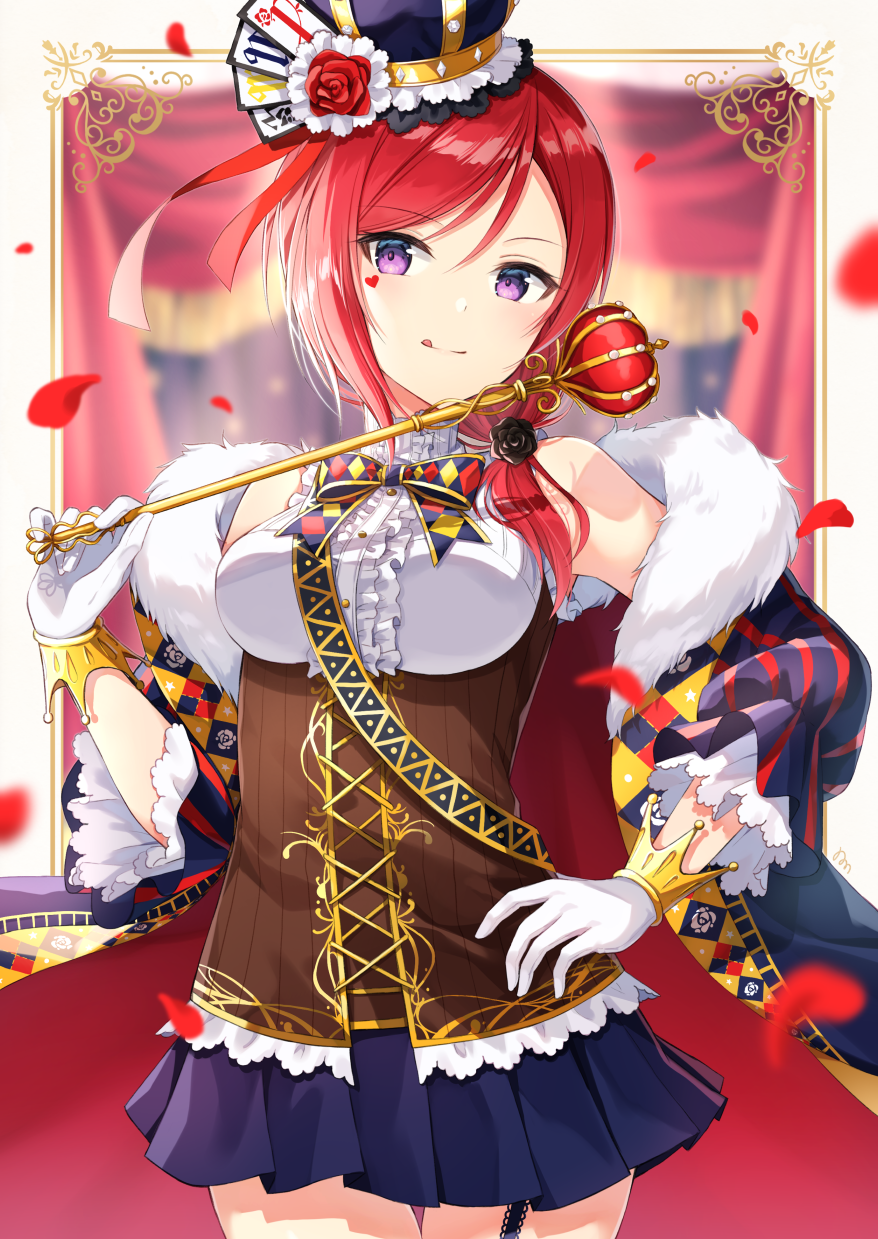 1girl :q blue_skirt breasts commentary_request crown facial_tattoo fur_trim gloves hair_ornament hand_on_hip heart heart_tattoo highres holding holding_scepter looking_at_viewer love_live! love_live!_school_idol_project medium_breasts nishikino_maki nonono petals red_ribbon redhead ribbon scepter short_hair skirt smile solo tattoo tongue tongue_out violet_eyes white_gloves