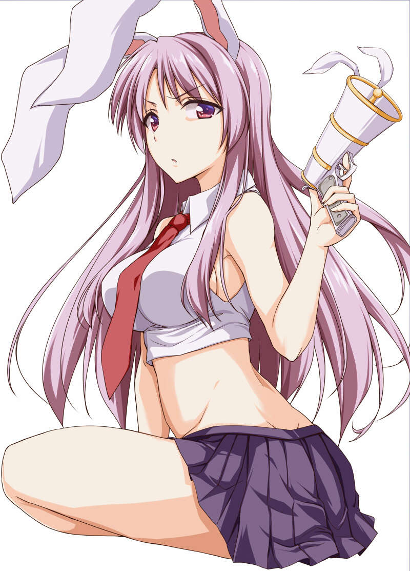 1girl animal_ears breasts commentary_request crop_top from_side kue large_breasts lavender_hair long_hair looking_at_viewer lunatic_gun midriff miniskirt necktie open_mouth rabbit_ears red_eyes reisen_udongein_inaba sideboob simple_background sitting skirt sleeveless solo touhou white_background
