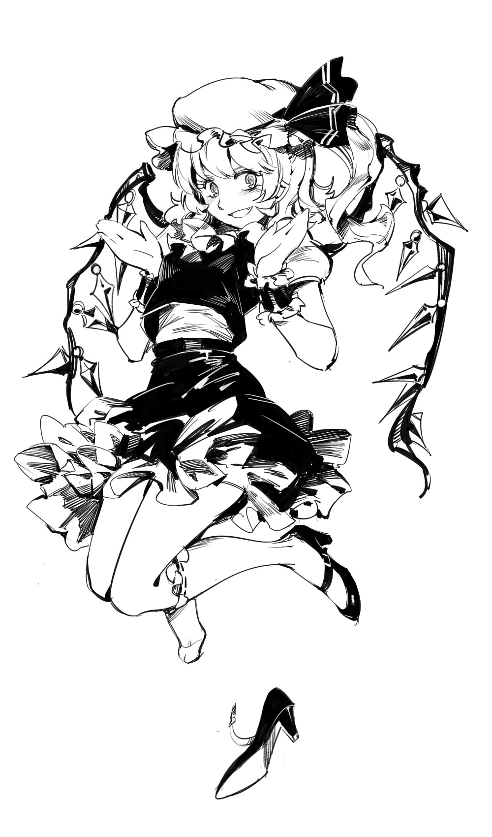 1girl :d fang flandre_scarlet full_body greyscale hands_up hat hat_ornament high_heels highres jumping looking_at_viewer monochrome open_mouth pillow_hat puffy_short_sleeves puffy_sleeves ruukii_drift shoe_removed short_hair short_sleeves simple_background skirt smile socks solo touhou vest white_background wristband