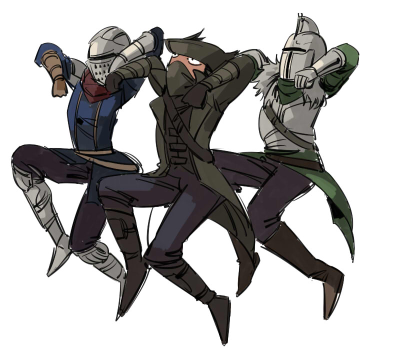 3boys armor assassin's_creed_(series) bearer_of_the_curse bloodborne boots breastplate brown_footwear chosen_undead coat covered_mouth crossover dancing dark_souls dark_souls_ii fur_trim gauntlets hat helmet hunter_(bloodborne) jojo_no_kimyou_na_bouken jumping male_focus mask mouth_mask multiple_boys open_clothes open_coat parody ruukii_drift simple_background souls_(from_software) standing touhou tricorne vento_aureo waist_cape white_background