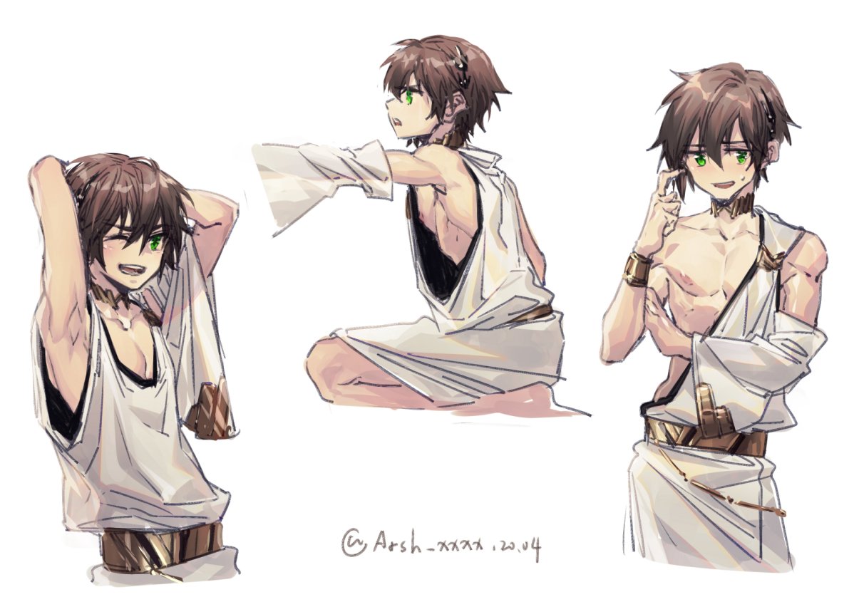 1boy arms_behind_head arsh_(thestarwish) breasts brown_hair fate/grand_order fate_(series) green_eyes kneeling makarios_(fate) male_focus nipples sideboob toga