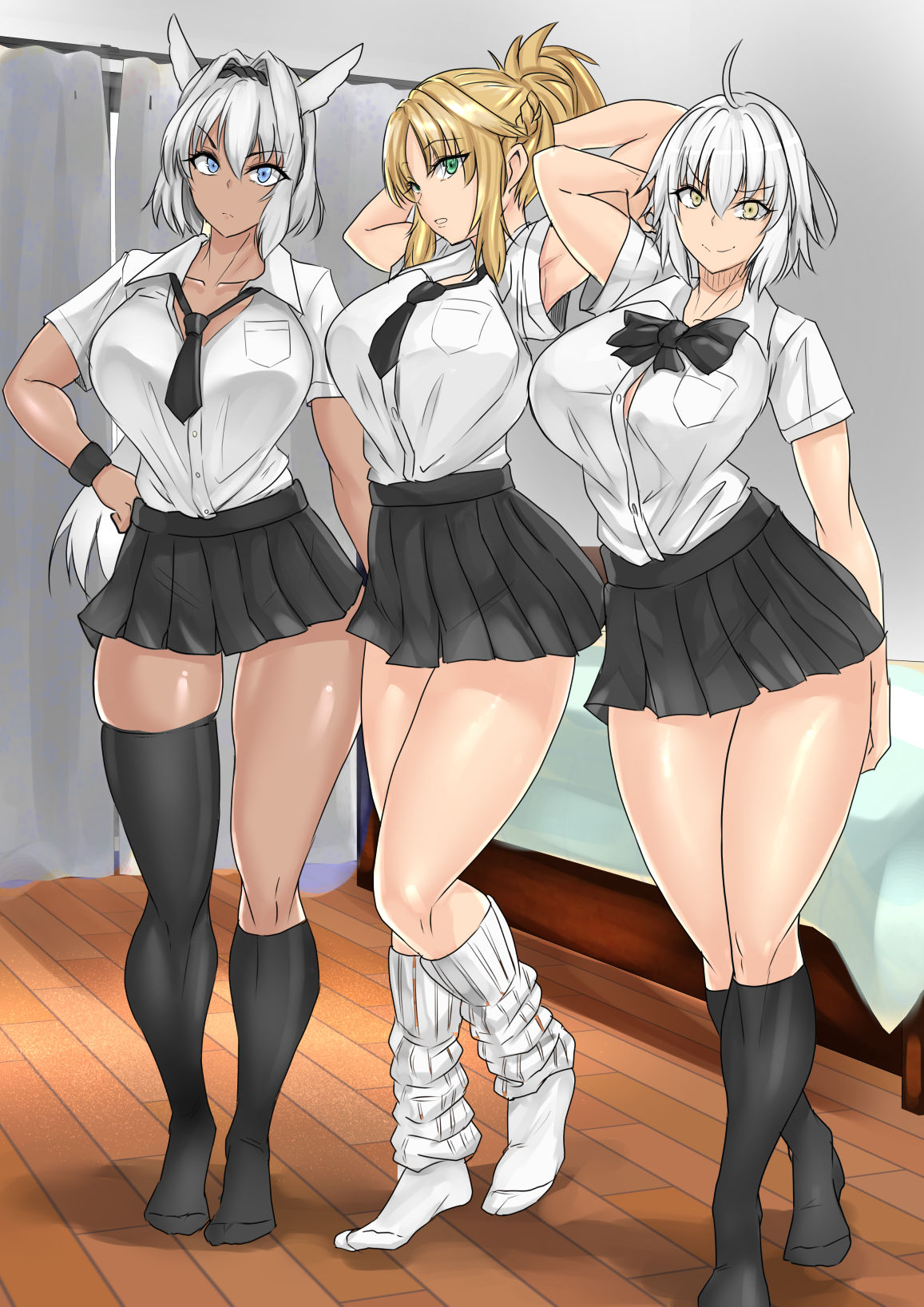 3girls alternate_costume arms_behind_head blonde_hair blue_eyes breasts caenis_(fate) contemporary fate/apocrypha fate/grand_order fate_(series) green_eyes hand_on_hip highres jeanne_d'arc_(alter)_(fate) jeanne_d'arc_(fate)_(all) large_breasts leg_warmers long_hair looking_at_viewer mordred_(fate)_(all) multiple_girls no_shoes open_clothes open_shirt ponytail school_uniform short_hair smile socks thigh-highs tomliat white_hair yellow_eyes