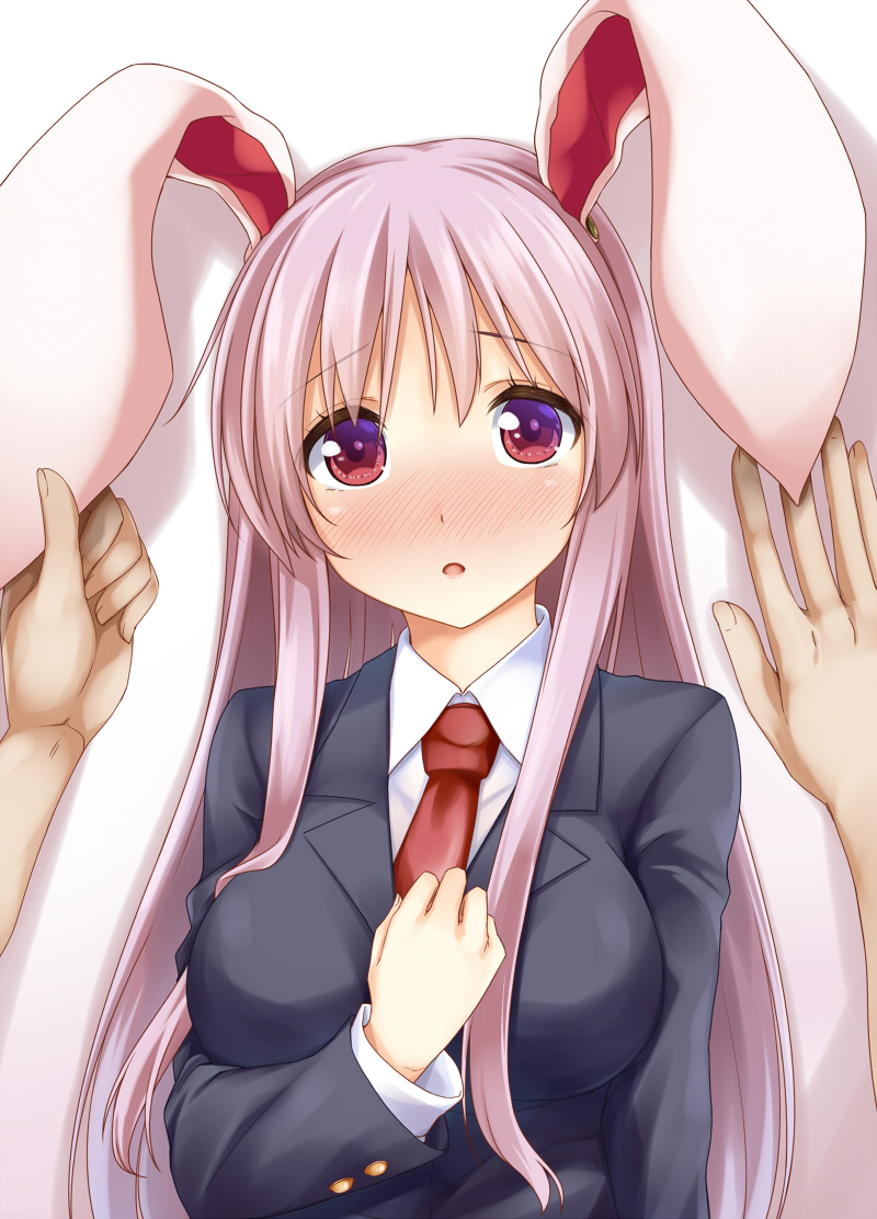 1girl against_wall animal_ears blazer blush breasts collared_shirt commentary_request ear_grab hand_on_own_chest jacket kue large_breasts long_hair looking_at_viewer necktie open_mouth pink_hair rabbit_ears red_eyes reisen_udongein_inaba shirt simple_background solo_focus touching_ears touhou upper_body wall_slam white_background