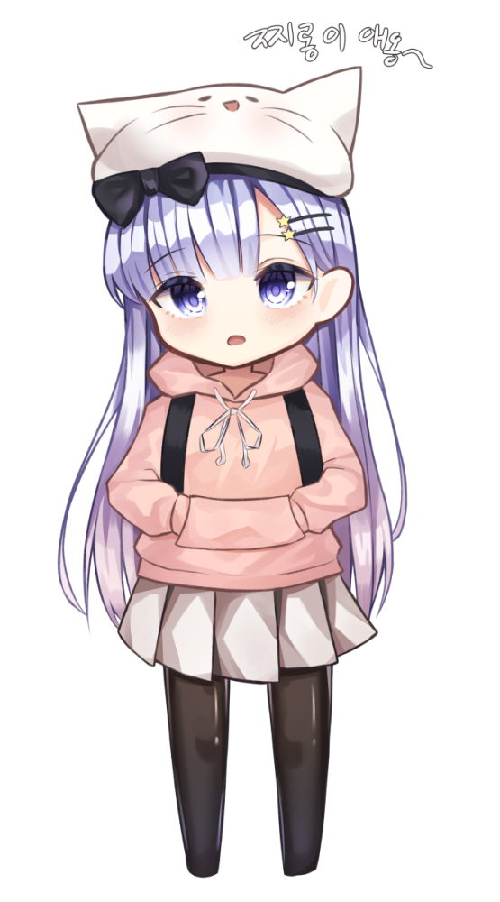 1girl animal_ears animal_hat bangs beret black_bow black_legwear blush bow cat_ears cat_hat chibi commentary_request drawstring eyebrows_visible_through_hair fake_animal_ears full_body hair_ornament hairclip hands_in_pocket hat hood hood_down hoodie long_hair long_sleeves looking_at_viewer no_shoes open_mouth original pantyhose pink_hoodie purple_hair shiro_(acad1213) simple_background solo standing star star_hair_ornament very_long_hair violet_eyes white_background white_headwear