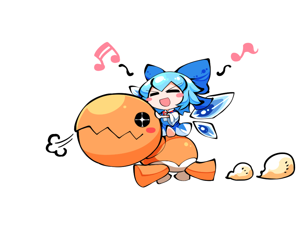 1girl =3 =_= blue_dress blue_hair blush_stickers bow chibi cirno closed_eyes crossover dress eyebrows_visible_through_hair from_side full_body gen_3_pokemon hair_bow ice ice_wings kashuu_(b-q) musical_note open_mouth pokemon pokemon_(creature) riding short_sleeves simple_background smile touhou trapinch v-shaped_eyebrows walking white_background wings