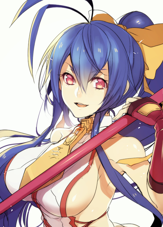 1girl antenna_hair bare_shoulders blazblue blazblue:_central_fiction blue_hair bow breasts fingerless_gloves gloves hair_between_eyes hair_bow hair_ribbon holding holding_weapon large_breasts long_hair mai_natsume polearm ponytail red_gloves ribbon sideboob sidelocks smile solo spear uzukinoko very_long_hair violet_eyes weapon yellow_bow