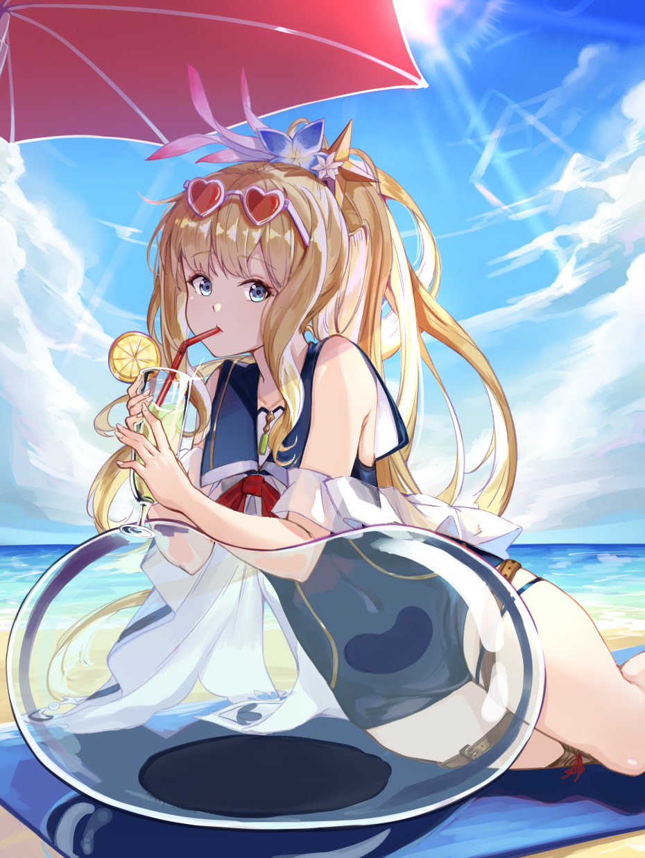 1girl ball bangs bare_shoulders beach beach_towel beach_umbrella beachball blonde_hair blue_eyes blue_sky blue_swimsuit clouds cloudy_sky commentary_request cup day drinking_glass drinking_straw fingernails flower food fruit full_body hair_ornament highres holding lemon lemon_slice long_hair looking_at_viewer ocean one-piece_swimsuit original outdoors see-through shijiuqaq sidelocks simple_background sky sleeveless solo sunlight swimsuit thighs tied_hair towel umbrella water