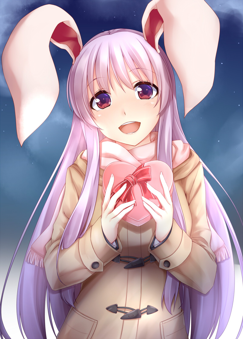 1girl alternate_costume animal_ears bangs box coat commentary_request eyebrows_visible_through_hair fingernails gift gift_box hands_up head_tilt heart heart-shaped_box kue long_hair long_sleeves looking_at_viewer night night_sky open_mouth outdoors pink_hair rabbit_ears red_eyes reisen_udongein_inaba sky smile solo touhou upper_body very_long_hair