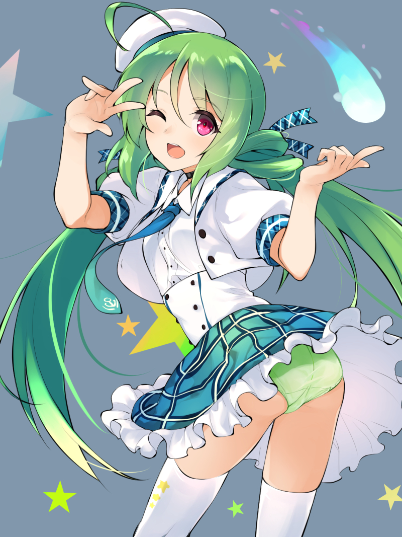 1girl ;d ahoge ass azur_lane bangs beret black_choker blue_neckwear blue_skirt blush choker collared_shirt comet comet_(azur_lane) commentary_request corset cowboy_shot cropped_jacket eyebrows_visible_through_hair frilled_skirt frills gradient_neckwear green_hair green_neckwear green_panties grey_background hair_between_eyes hair_rings hat jacket long_hair looking_at_viewer necktie one_eye_closed open_clothes open_jacket open_mouth panties pantyshot plaid plaid_skirt puffy_short_sleeves puffy_sleeves ribbon shirt short_sleeves sidelocks skirt smile solo standing star starry_background thigh-highs tilted_headwear twintails twisted_torso underwear upper_teeth v_over_eye violet_eyes white_headwear white_jacket white_legwear white_shirt youhei_64d