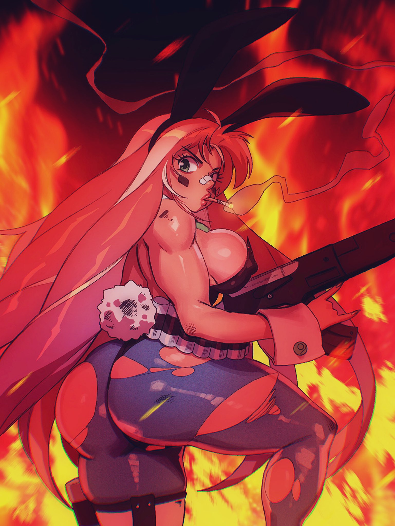 1girl \m/ animal_ears ass assault_rifle bandaid bandaid_on_nose bandolier black_leotard blue_legwear breasts bunny_girl bunnysuit cigarette commentary covered_nipples dark_skin english_commentary eyelashes facepaint fake_animal_ears fake_tail fire gun highres holding holding_gun holding_weapon holster large_breasts leotard lips long_hair looking_at_viewer nose original pink_hair rabbit_ears rifle robert_porter sideboob smoking solo strapless tail thick_thighs thigh_holster thighs thong_leotard toned torn_clothes torn_legwear very_long_hair weapon wrist_cuffs
