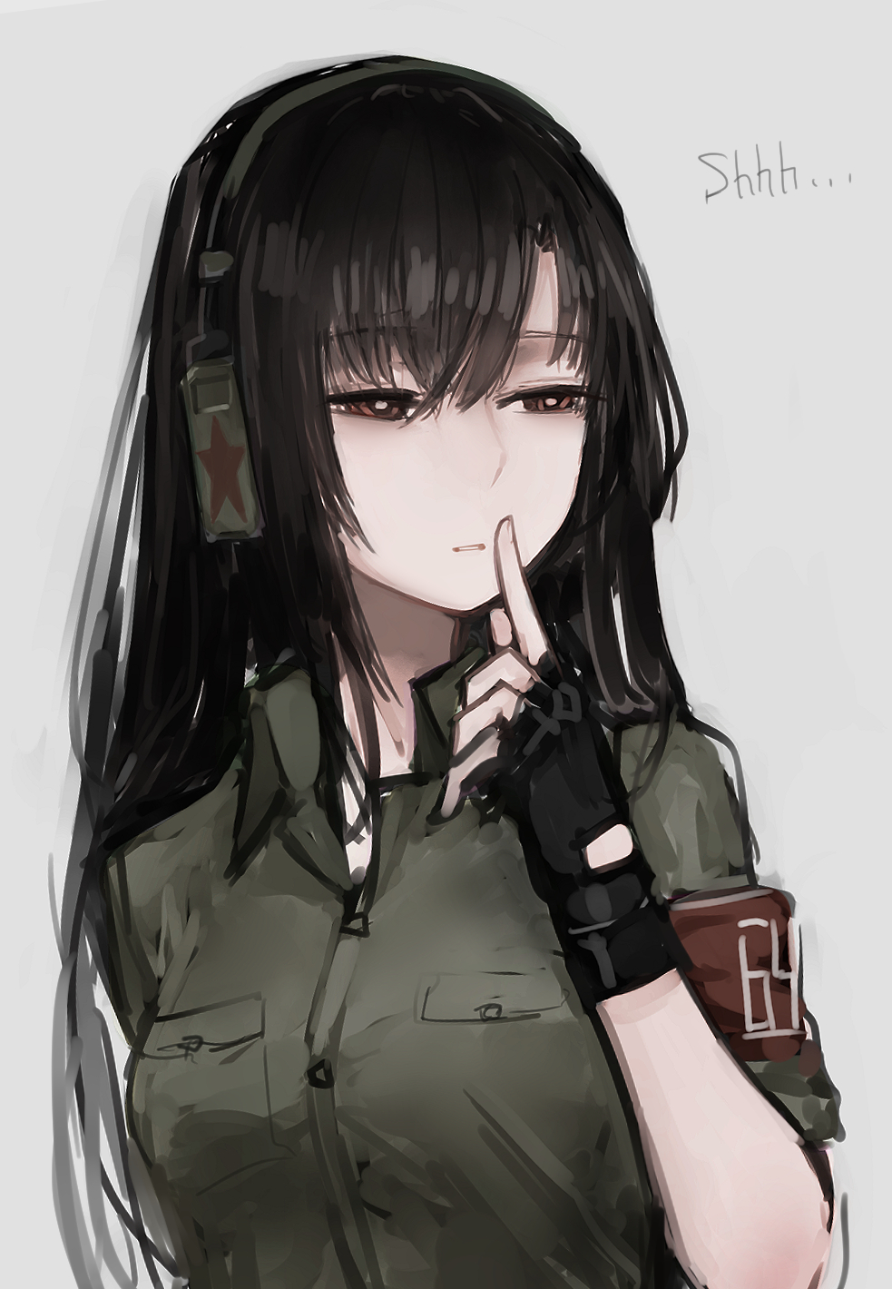 1girl armband beige_background black_gloves black_hair breasts brown_eyes buttons collared_shirt finger_to_mouth fingerless_gloves girls_frontline gloves green_shirt headset highres medium_breasts parted_lips rampart1028 shirt shushing solo star type_64_(girls_frontline) upper_body