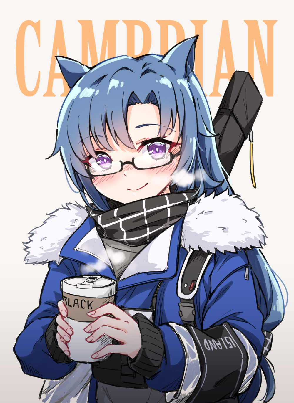 1girl animal_ears arknights bangs blue_hair blue_jacket blush closed_mouth coffee_cup commentary_request cup disposable_cup eyebrows_visible_through_hair fang_(arknights) glasses grey_background highres holding holding_cup jacket long_hair long_sleeves looking_at_viewer plaid plaid_scarf profnote scarf semi-rimless_eyewear smile solo under-rim_eyewear upper_body violet_eyes