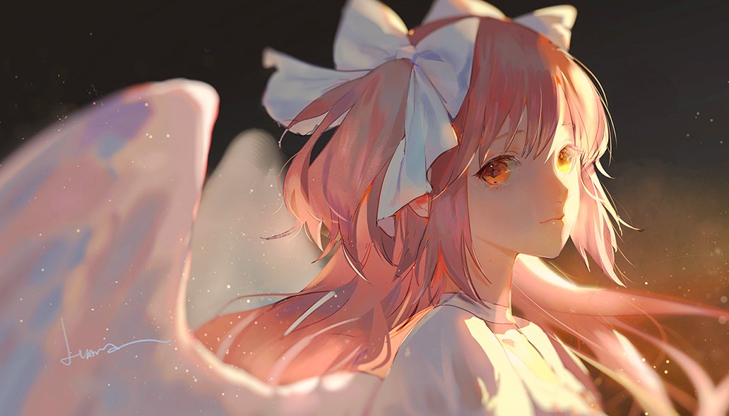 1girl angel_wings backlighting blurry blurry_background bokeh brown_background choker close-up closed_mouth dark_background depth_of_field derivative_work dress eyelashes face floating_hair goddess_madoka hair_between_eyes hair_ribbon kaname_madoka light_particles light_smile lips long_hair looking_at_viewer looking_to_the_side mahou_shoujo_madoka_magica pink_hair ribbon say_hana shaded_face sidelocks signature simple_background solo two_side_up upper_body very_long_hair white_choker white_dress white_ribbon wings yellow_background yellow_eyes