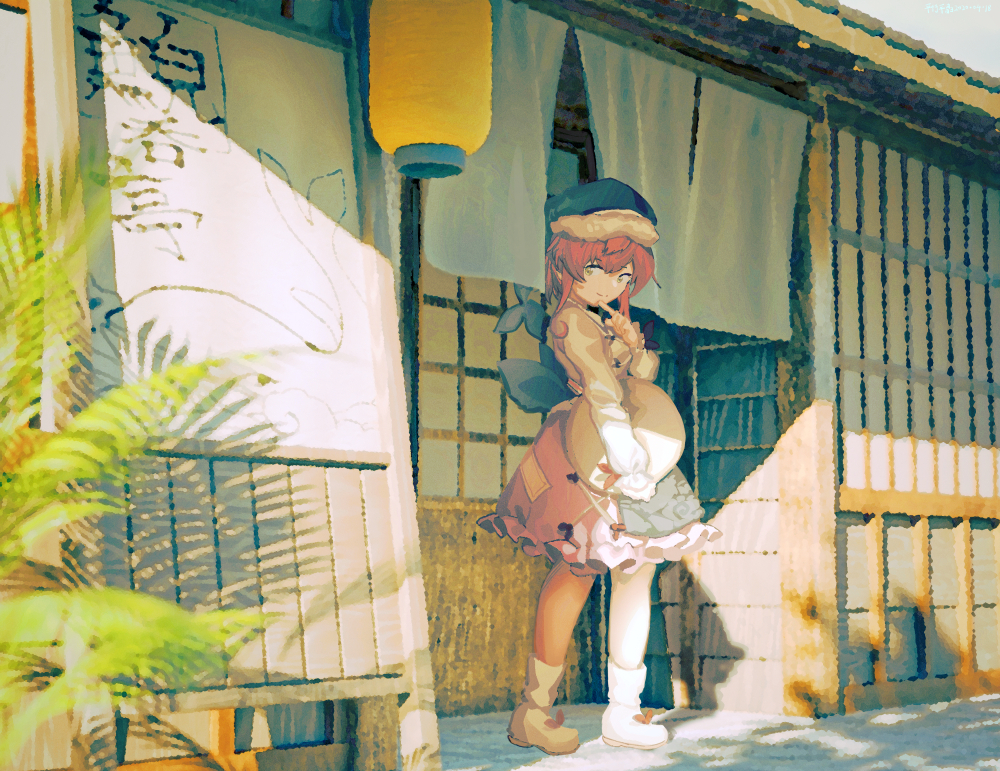 1girl architecture bobby_socks day east_asian_architecture finger_to_chin furahata_gen holding holding_tray lantern long_sleeves looking_at_viewer noren okunoda_miyoi outdoors paper_lantern pink_hair pink_skirt plant shadow shirt short_hair sign skirt smile socks solo storefront touhou tray whale whale_hat white_footwear white_legwear white_shirt yellow_eyes