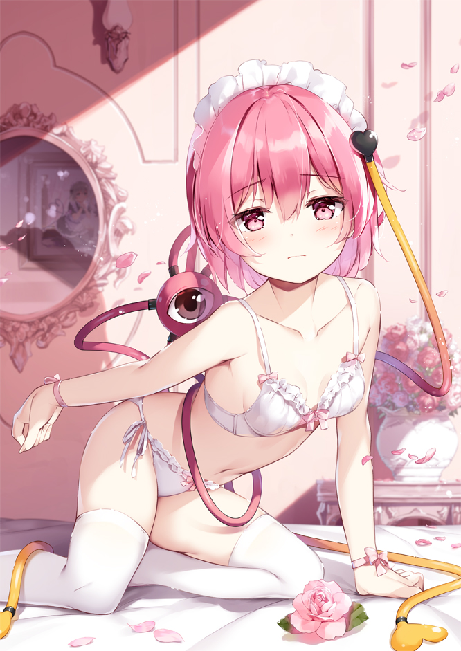 1girl bangs bare_arms bare_shoulders blush bra breasts collarbone commentary_request eyebrows_visible_through_hair feet_out_of_frame flower hair_between_eyes hair_ornament heart heart_hair_ornament indoors kneeling komeiji_koishi komeiji_satori looking_at_viewer maid_headdress mirror miyase_mahiro navel panties petals picture_frame pink_eyes pink_flower pink_hair pink_ribbon pink_rose ribbon rose rose_petals short_hair side-tie_panties small_breasts solo stomach thigh-highs thighs touhou underwear underwear_only vase white_bra white_legwear white_panties wrist_ribbon