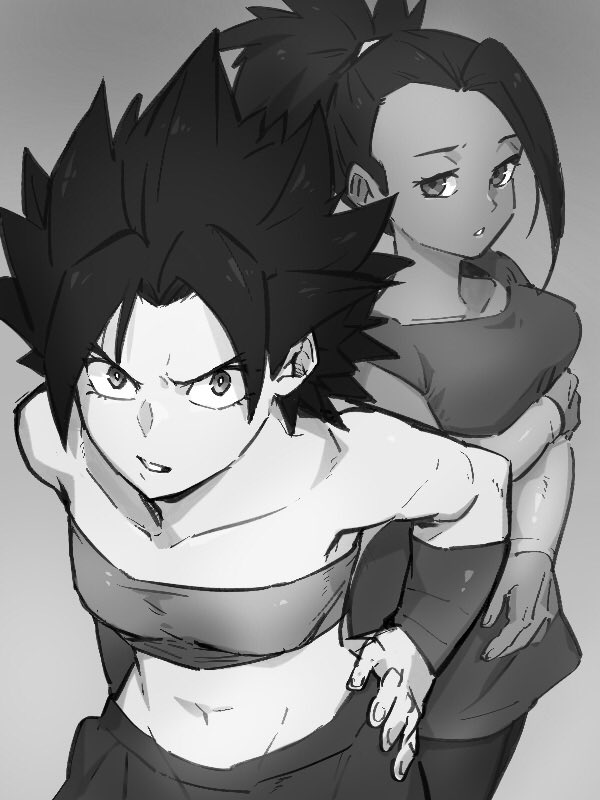 2girls bangs bare_arms bare_shoulders black_hair black_legwear bracelet breasts caulifla collarbone crop_top dark_background dark_skin dragon_ball dragon_ball_super expressionless eyelashes fingernails from_above frown gradient gradient_background grey_background greyscale half-closed_eyes hand_on_own_arm hands_on_hips high_ponytail jewelry kale_(dragon_ball) kemachiku leaning leaning_forward long_hair looking_afar looking_at_viewer looking_up medium_breasts monochrome multiple_girls pantyhose parted_lips ponytail shaded_face shiny shiny_hair sidelocks simple_background skirt small_breasts spiky_hair standing strapless tubetop upper_body v-shaped_eyebrows very_long_hair