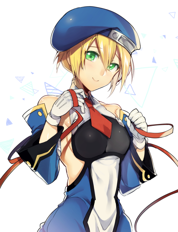 1girl bare_shoulders beret blazblue blonde_hair breasts gloves green_eyes hat light_blush noel_vermillion small_breasts smile solo uzukinoko white_gloves