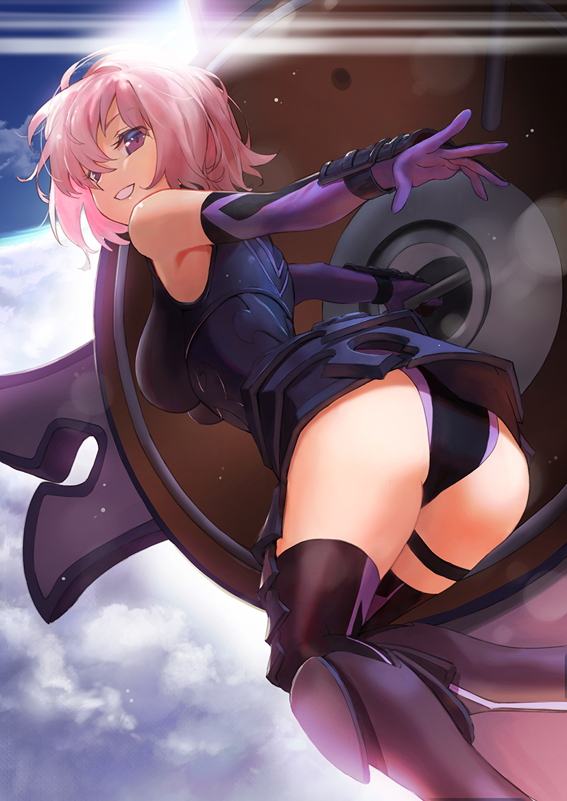 1girl armor armored_dress ass blue_sky bodysuit breasts clouds dutch_angle elbow_gloves fate/grand_order fate_(series) from_below gloves kyou-chan large_breasts mash_kyrielight purple_hair sky solo thigh-highs thighs violet_eyes