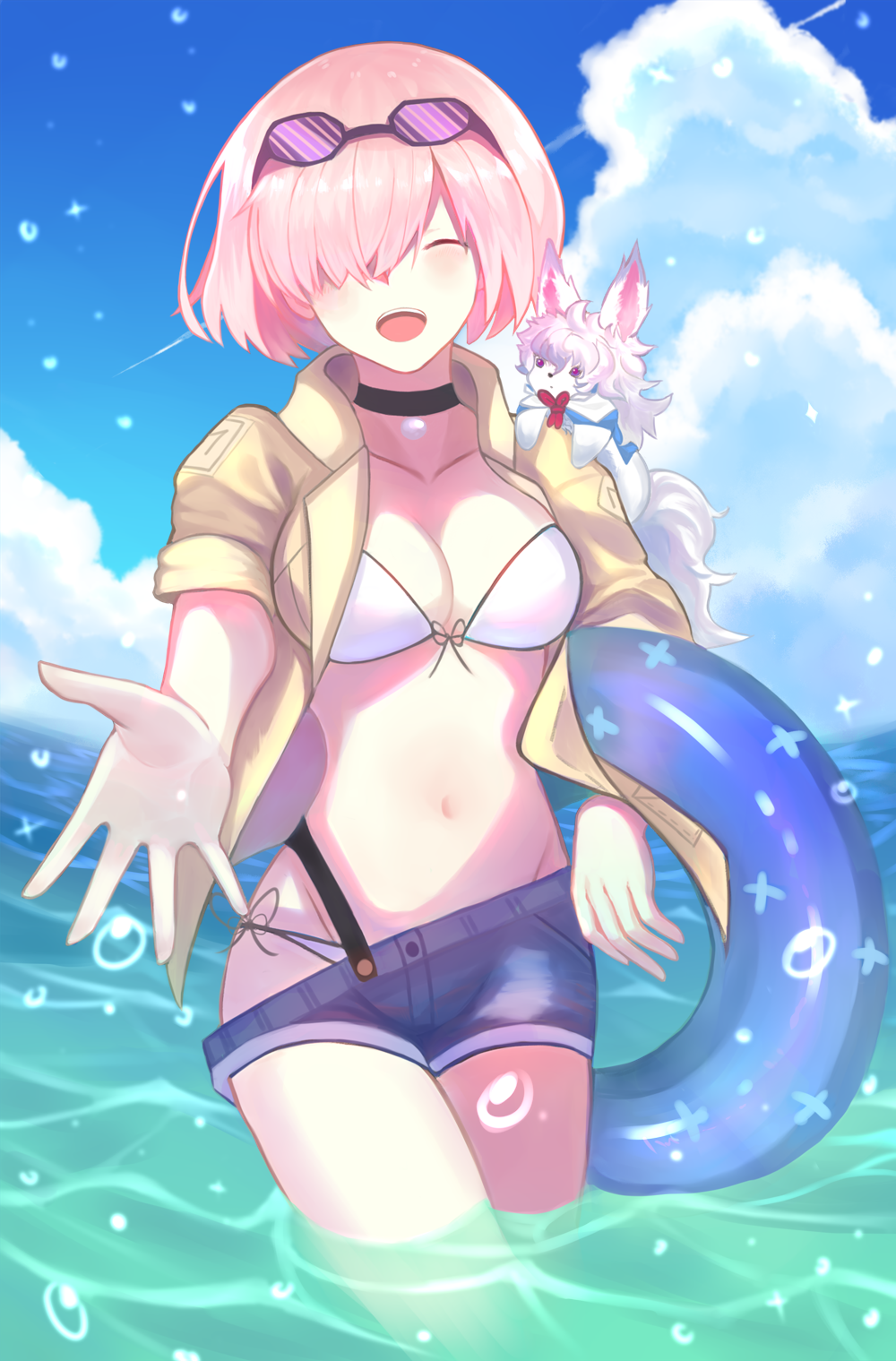 1girl beach blue_sky blush breasts choker closed_eyes clouds commentary denim denim_shorts eyewear_on_head facing_viewer fate/grand_order fate_(series) fou_(fate/grand_order) groin_tendon hair_over_one_eye highres innertube mash_kyrielight medium_breasts navel ocean open_mouth outstretched_hand pappap pink_hair purple_hair round_teeth short_hair short_shorts shorts sky smile_ex solo summer swimsuit swimsuit_under_clothes teeth wading water