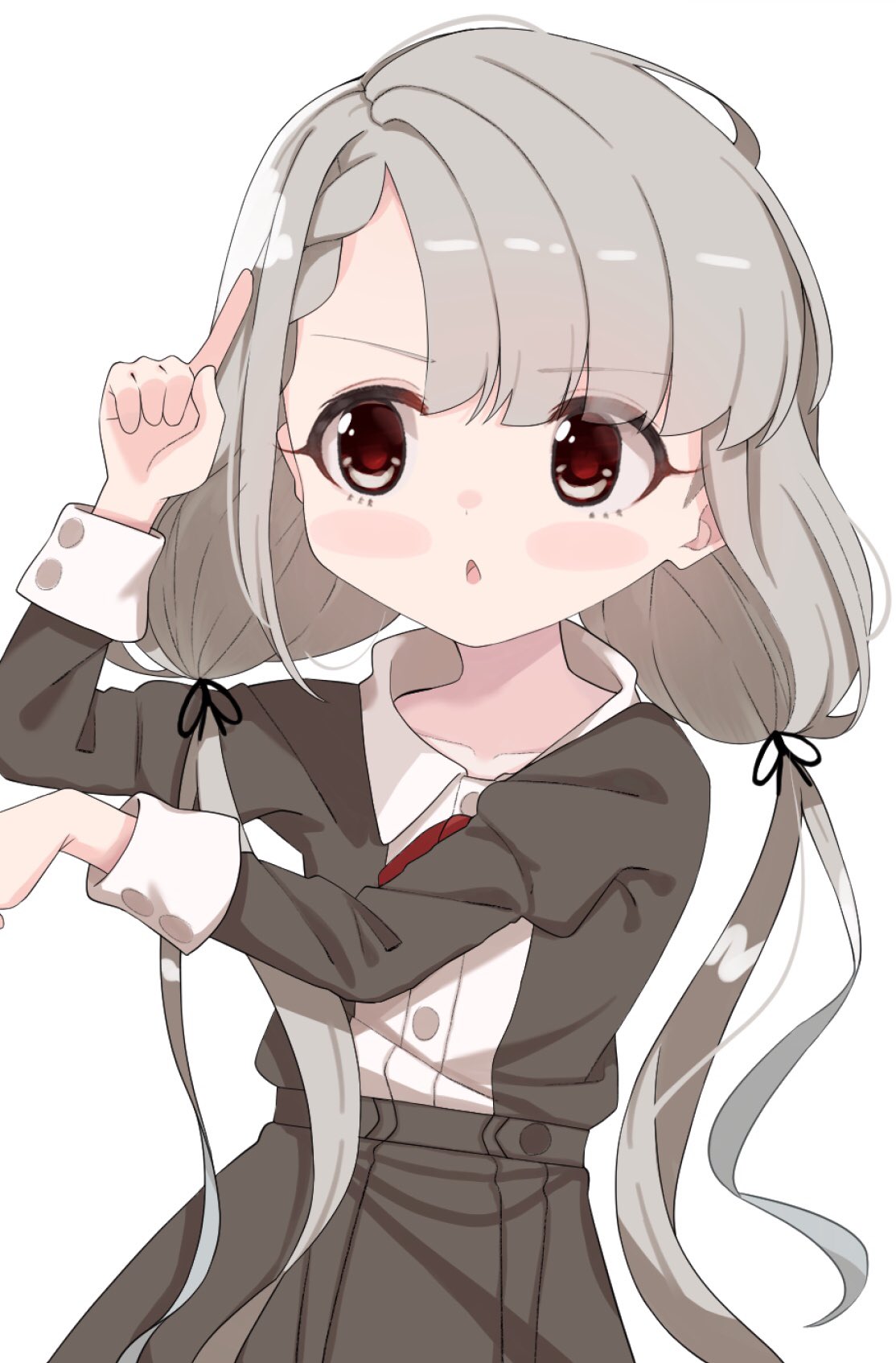 1girl bangs black_jacket black_ribbon black_skirt blush_stickers braid brown_eyes collarbone collared_shirt dress_shirt eyebrows_visible_through_hair grey_hair hair_ribbon hands_up highres hisakawa_nagi idolmaster idolmaster_cinderella_girls idolmaster_cinderella_girls_starlight_stage index_finger_raised jacket juliet_sleeves long_hair long_sleeves low_twintails parted_lips puffy_sleeves ribbon shirt shiwa_(siwaa0419) simple_background skirt solo twintails very_long_hair white_background white_shirt