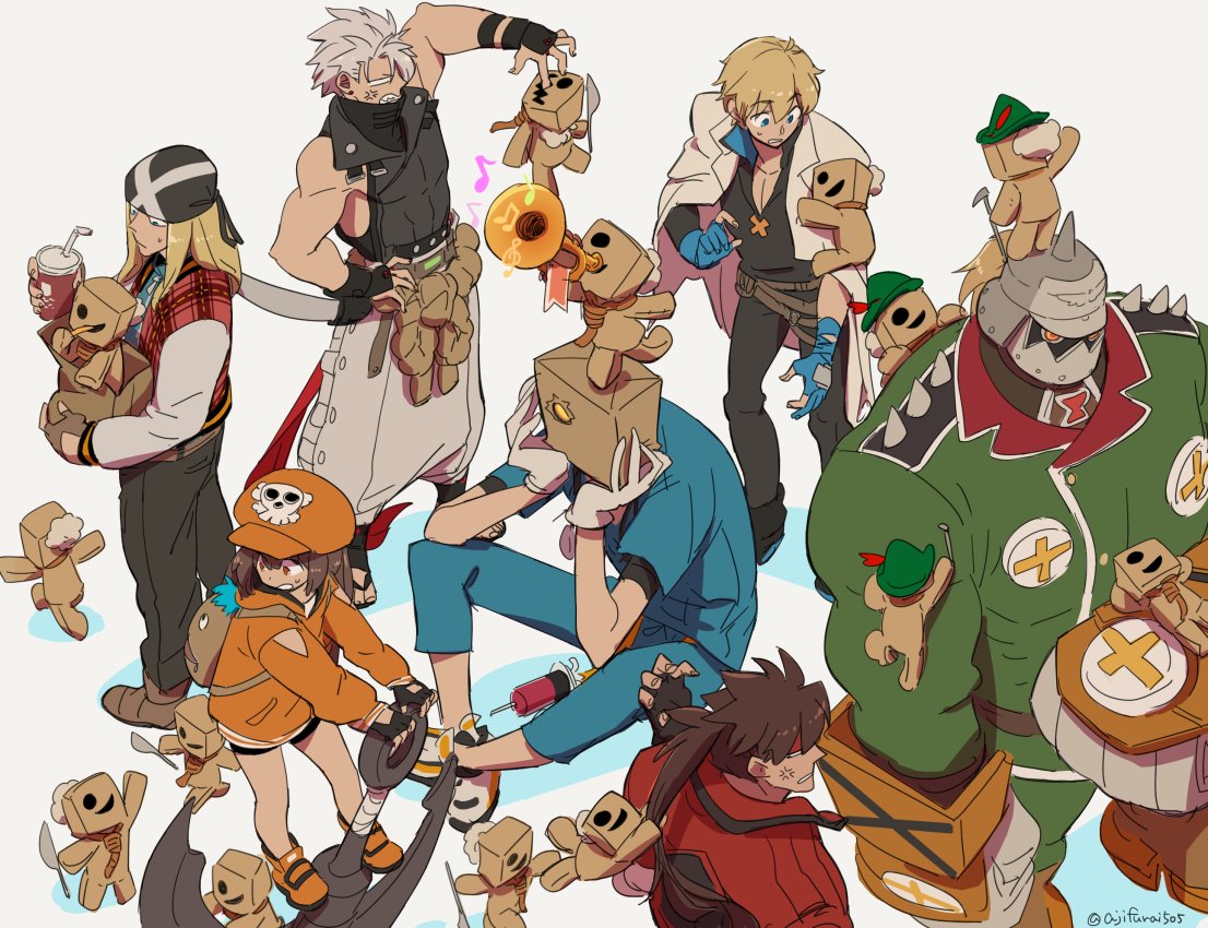 1girl 6+boys anger_vein asaya_minoru axl_low backpack bag bag_over_head bandana bare_shoulders beamed_eighth_notes bendy_straw bike_shorts black_gloves black_pants black_shirt black_shorts blonde_hair blue_eyes blue_gloves blue_pants blue_shirt boots brown_footwear brown_hair cabbie_hat chipp_zanuff clenched_teeth closed_mouth colored_shadow commentary_request cup disposable_cup drinking_straw eighth_note faust_(guilty_gear) fingerless_gloves gloves glowing glowing_eye green_headwear green_jacket green_pants grey_background grey_footwear grey_gloves grey_hair grey_pants guilty_gear guilty_gear_strive hand_on_hip hat helm helmet holding holding_bag holding_cup holding_instrument hood hood_down hoodie instrument jacket jacket_on_shoulders ky_kiske long_hair long_sleeves may_(guilty_gear) multiple_boys music musical_note open_clothes open_jacket orange_footwear orange_headwear orange_hoodie pants paper_bag parted_lips plaid_jacket playing_instrument ponytail potemkin_(guilty_gear) red_eyes red_jacket scalpel shadow shirt shoes short_shorts short_sleeves shorts single_sleeve sitting skull_and_crossbones sleeveless sleeveless_shirt sleeves_past_wrists sol_badguy spiked_helmet spikes standing stethoscope syringe teeth treble_clef trumpet twitter_username very_long_hair white_jacket