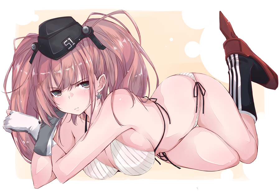1girl :t alternate_costume atlanta_(kantai_collection) bangs bare_legs bare_shoulders bikini black_headwear blush boots breasts brown_hair commentary_request earrings eyebrows_visible_through_hair garrison_cap gloves grey_eyes hat jewelry kantai_collection large_breasts long_hair looking_at_viewer lying navel partly_fingerless_gloves pout rudder_footwear side-tie_bikini simple_background solo star star_earrings swimsuit two_side_up yumesato_makura