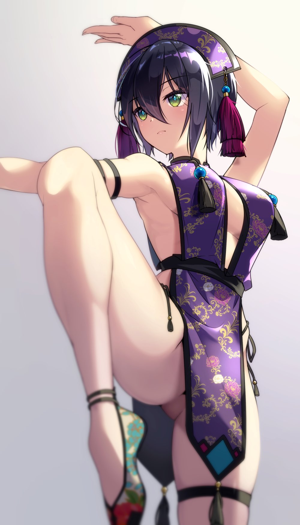 1girl arm_strap arm_up armpits ass bare_arms bare_shoulders black_hair blurry breasts center_opening china_dress chinese_clothes closed_mouth dress expressionless flats green_eyes hair_between_eyes highres knee_up looking_away medium_breasts nasubi_(w.c.s) original outstretched_arm panties pelvic_curtain purple_dress purple_headwear shoes side-tie_panties sideless_outfit sleeveless sleeveless_dress solo standing standing_on_one_leg string_panties tassel thighs underwear