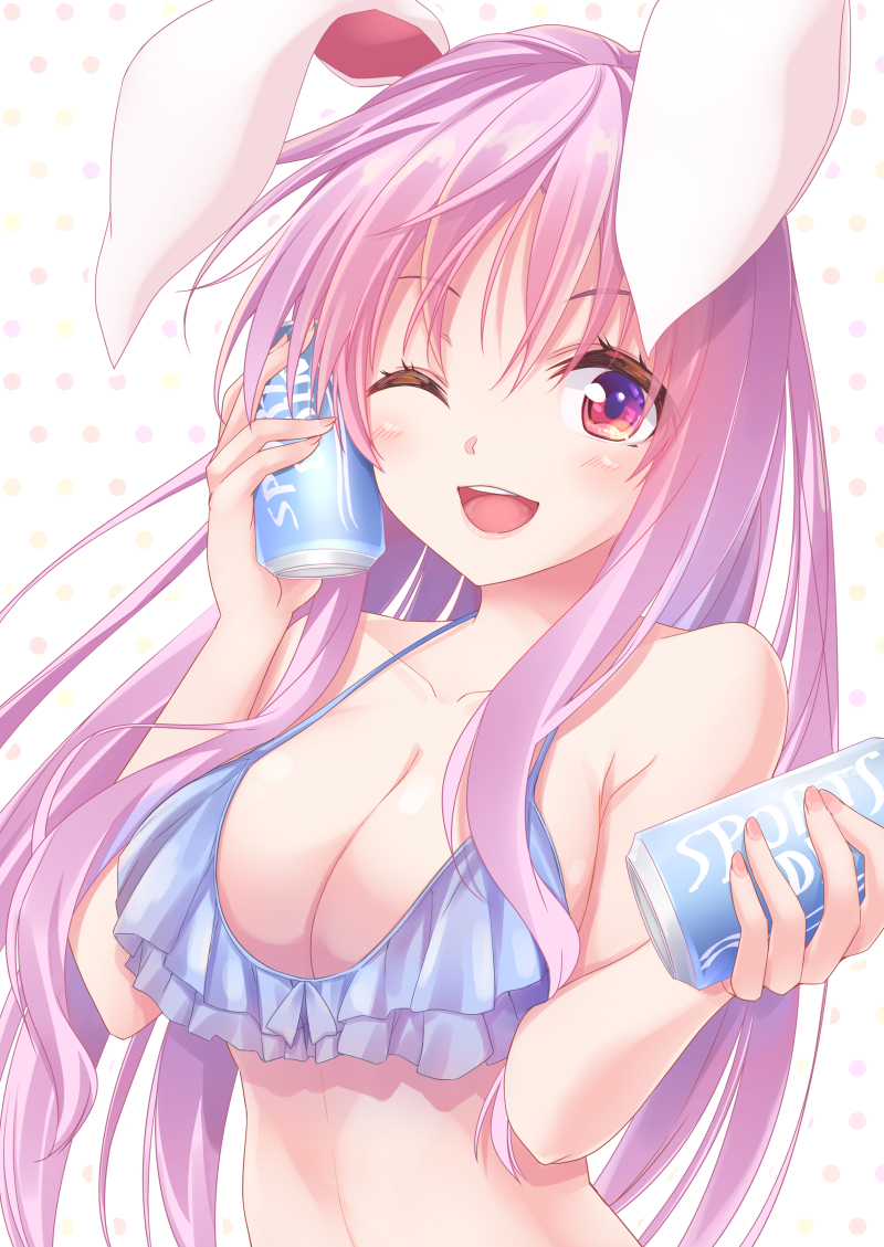 1girl ;d animal_ears bangs bare_arms bare_shoulders bikini blue_bikini blush breasts can collarbone commentary_request frilled_bikini frills hands_up holding holding_can kue large_breasts long_hair looking_at_viewer nail_polish one_eye_closed open_mouth pink_nails polka_dot polka_dot_background purple_hair rabbit_ears red_eyes reisen_udongein_inaba sidelocks smile solo stomach swimsuit touhou upper_body white_background