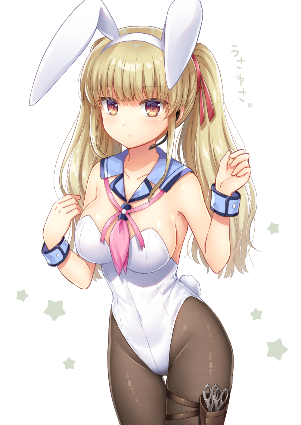 1girl adapted_costume angel_beats! animal_ears black_legwear blonde_hair blue_sailor_collar breasts brown_eyes bunny_tail bunnysuit commentary cowboy_shot fake_animal_ears hair_ribbon headset highres leotard long_hair medium_breasts microphone nakamura_hinato neckerchief pantyhose pink_neckwear rabbit_ears ribbon sailor_collar scissors solo standing star starry_background strapless strapless_leotard symbol_commentary tail thigh_gap thigh_strap translation_request twintails white_background white_legwear wrist_cuffs yusa_(angel_beats!)
