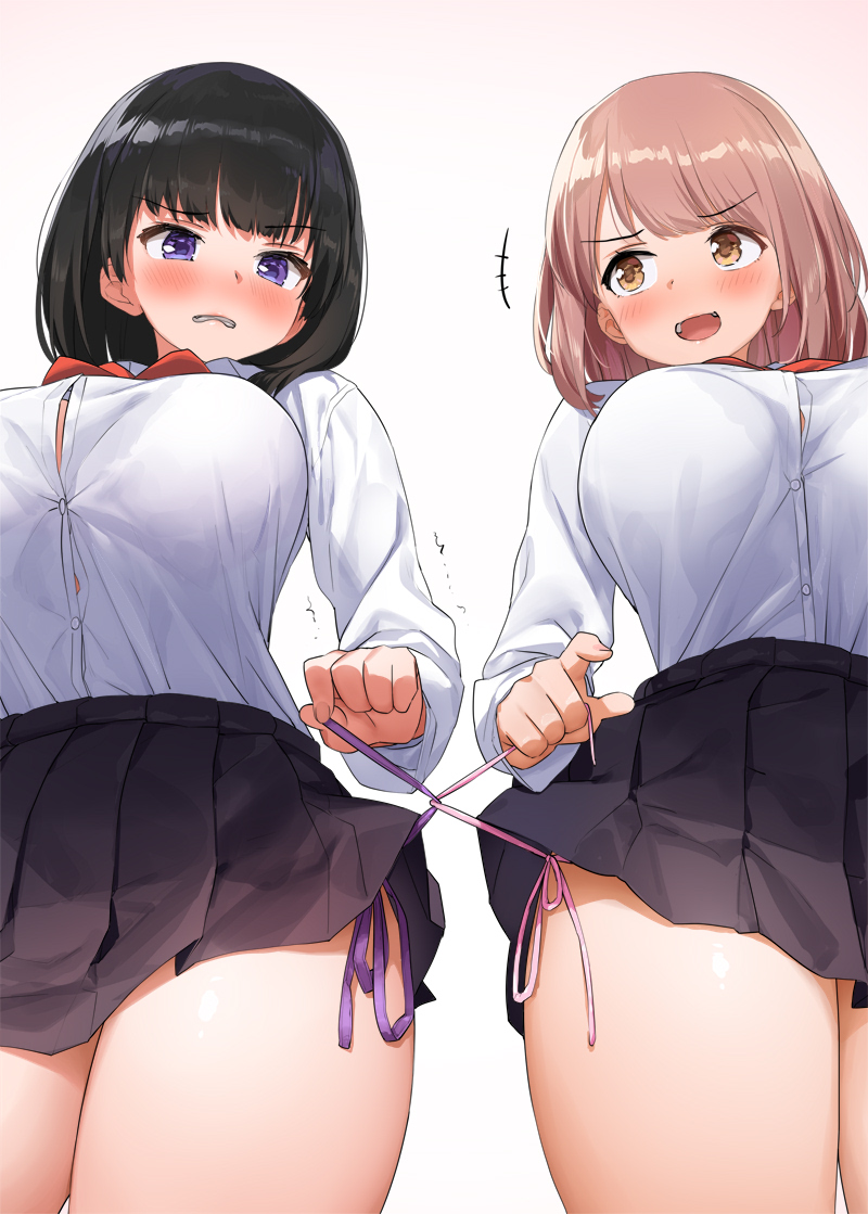 bangs black_hair black_skirt blue_eyes blush breasts brown_eyes brown_hair commentary_request eyebrows_visible_through_hair from_below frown kaisen_chuui large_breasts long_sleeves open_mouth original panties pink_panties pleated_skirt purple_panties school_uniform shirt side-tie_panties skirt underwear white_shirt