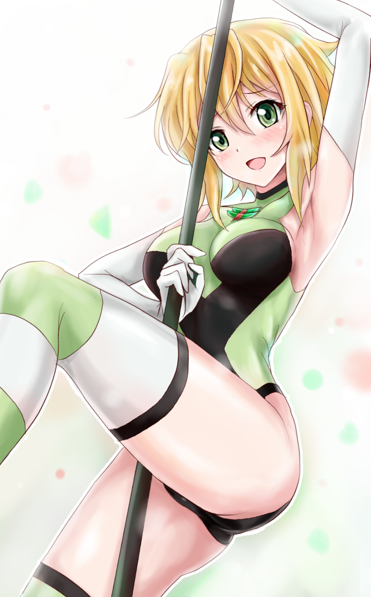 1girl akatsuki_kirika armpits ass blonde_hair breasts elbow_gloves gloves green_eyes green_leotard highres leotard looking_at_viewer medium_breasts pole pole_dancing r-binon senki_zesshou_symphogear shiny shiny_hair shiny_skin short_hair solo striped striped_legwear stripper_pole thigh-highs