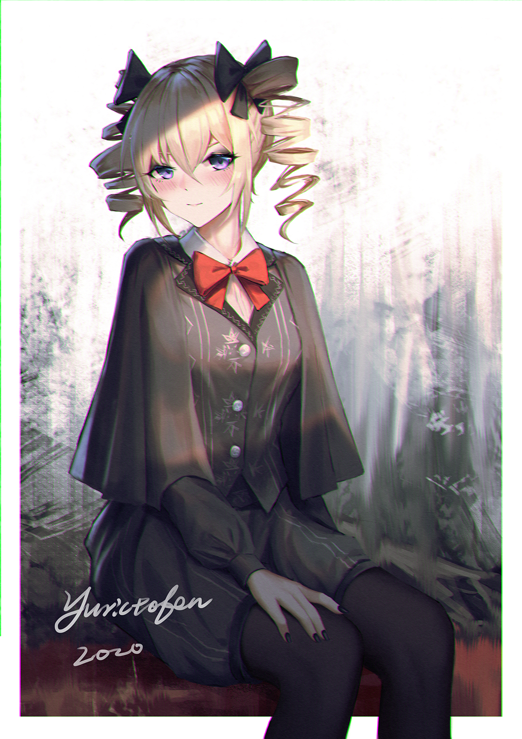 1girl 2020 artist_name bangs black_capelet black_legwear black_shorts black_vest blonde_hair blush bow bowtie breasts capelet closed_mouth collared_shirt commentary_request dress_shirt drill_hair eyebrows_visible_through_hair hair_between_eyes highres legwear_under_shorts long_sleeves original pantyhose puffy_long_sleeves puffy_shorts puffy_sleeves red_neckwear shirt shorts signature sitting small_breasts solo twin_drills twintails vest violet_eyes white_shirt yurichtofen
