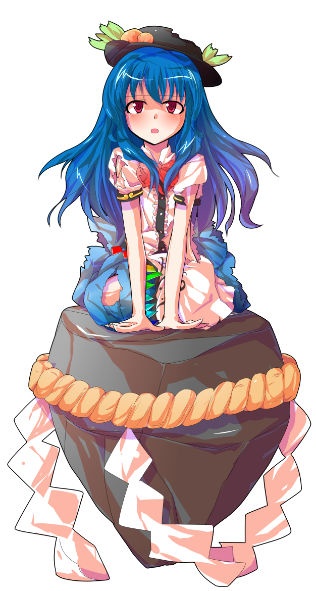 1girl blue_hair dairi food fruit hat hinanawi_tenshi long_hair looking_at_viewer open_mouth peach puffy_sleeves red_eyes rope shimenawa shirt short_sleeves simple_background sitting sitting_on_rock skirt solo torn_clothes torn_hat torn_shirt torn_skirt touhou very_long_hair white_background