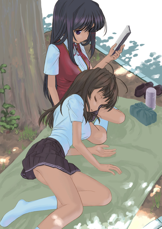 black_hair book brown_hair closed_eyes fortune_arterial kuze_kiriha lap_pillow long_hair lying mocha multiple_girls purple_eyes reading school_uniform serafuku shoes shoes_removed shorts sitting sleeping socks tree_shade under_tree violet_eyes yokozuwari yuuki_haruna