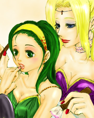 applying_makeup blonde_hair blue_eyes breasts cleavage final_fantasy final_fantasy_iv green_eyes green_hair hairband lipstick lipstick_tube lowres makeup makeup_brush multiple_girls nail_polish rosa_farrell rydia