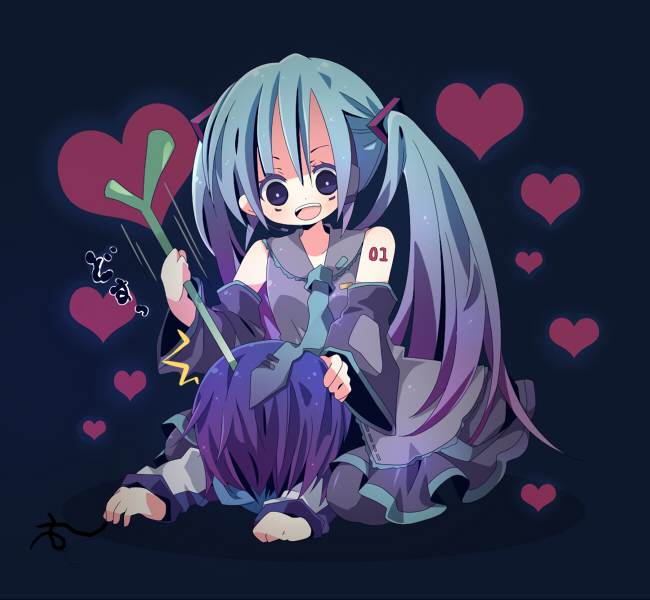 1boy 1girl ana_(rznuscrf) aqua_hair blue_hair chibi detached_sleeves gradient_hair hatsune_miku heart hitting kaito long_hair lying multicolored_hair necktie on_stomach purple_hair short_hair spring_onion straddle vocaloid yandere