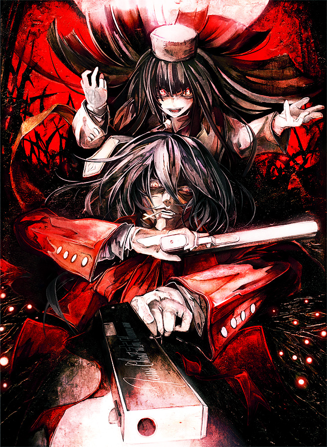 alucard_(hellsing) banpai_akira black_hair crazy_eyes cross dual_persona dual_wielding fur_hat genderswap girlycard gloves glowing glowing_eyes gun handgun hat hellsing hellsing:_the_dawn long_coat long_hair mouth_hold necktie pistol vampire weapon white_gloves