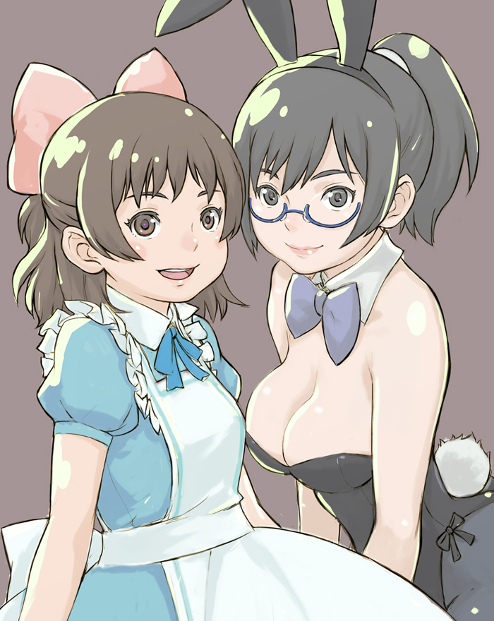 animal_ears aoi_minamo bare_shoulders black_hair bow bowtie breasts brown_hair bunny_ears bunny_girl bunny_tail bunnysuit cleavage glasses hair_bow holon large_breasts multiple_girls muuten pantyhose ponytail rabbit_ears real_drive ribbon smile tail