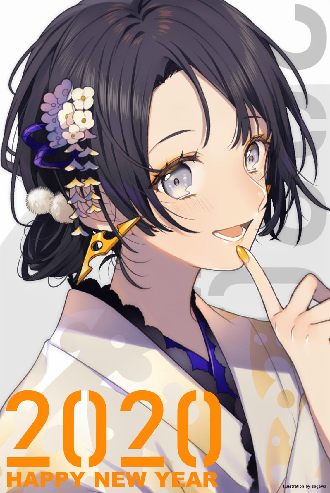 1girl 2020 :d artist_name black_hair blush earrings english_text flower grey_eyes grey_kimono hair_flower hair_ornament happy_new_year highres index_finger_raised japanese_clothes jewelry kimono looking_at_viewer new_year open_mouth pom_pom_(clothes) purple_flower smile sogawa solo upper_body white_flower yellow_nails