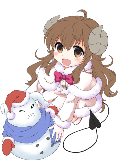 bangs bow coat curled_horns demon_girl demon_horns demon_tail fur_trim hat horns lilith_(machikado_mazoku) long_hair long_sleeves machikado_mazoku mittens santa_hat scarf simple_background smile snowman statue tail uitchu white_background winter_clothes winter_coat yoshida_yuuko_(machikado_mazoku)