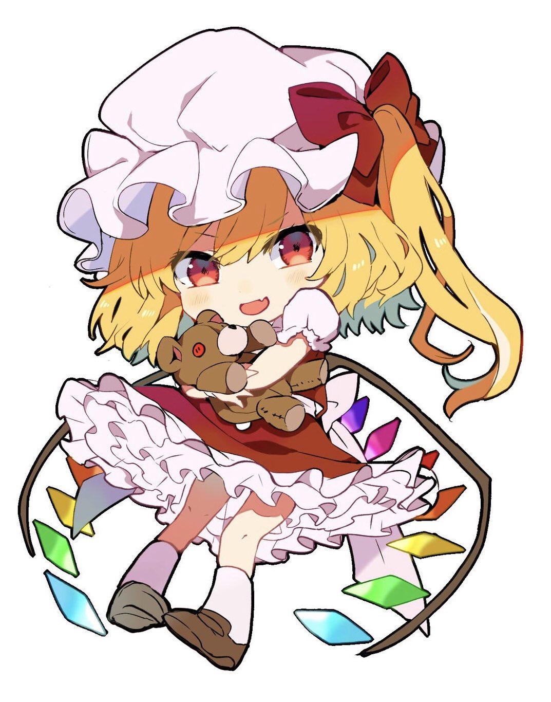 1girl blonde_hair bow brown_footwear chibi commentary crystal doll_hug fang flandre_scarlet frills full_body hat hat_bow highres light_blush long_hair looking_at_viewer mob_cap open_mouth pigeon-toed red_bow red_eyes red_skirt red_vest satoupote shirt short_sleeves sidelocks simple_background skin_fang skirt smile socks solo stuffed_animal stuffed_toy teddy_bear touhou vest white_background white_headwear white_legwear white_shirt wings